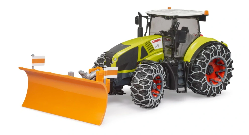 Claas Axion 950 so snehovými reťazami a pluhom - Bruder 3018