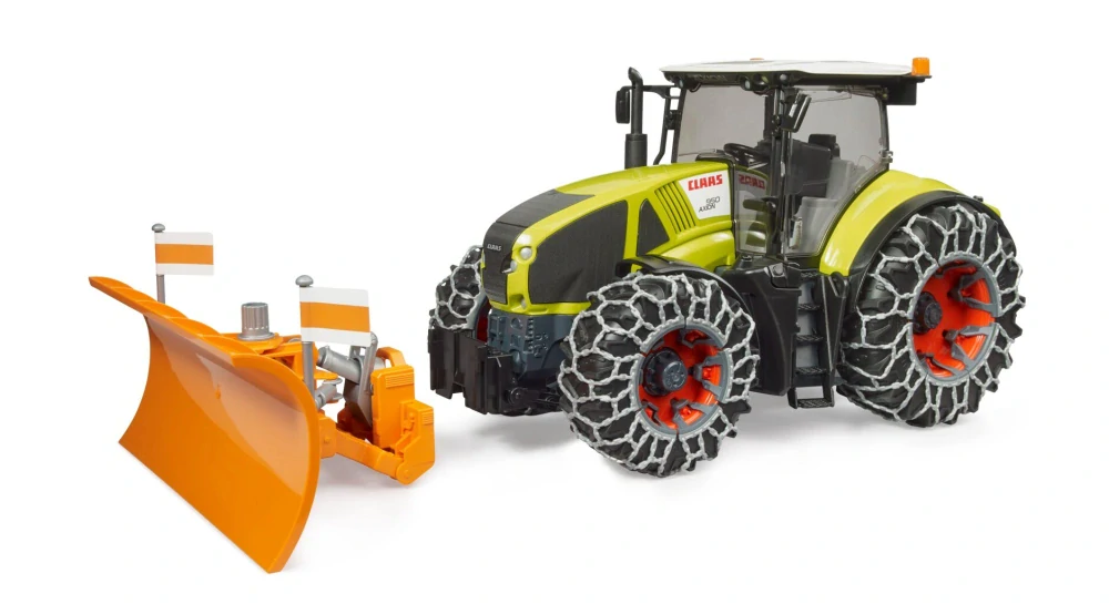 Claas Axion 950 so snehovými reťazami a pluhom - Bruder 3018